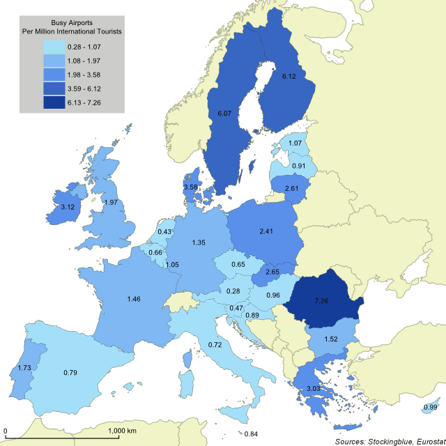 Heavily Used Airports per Million International Tourists in the EU