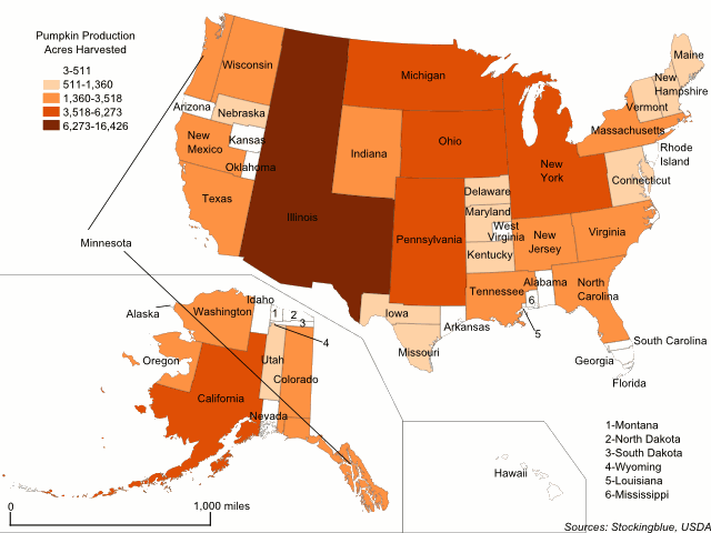 Cartogram map of pumpkin production in the United States