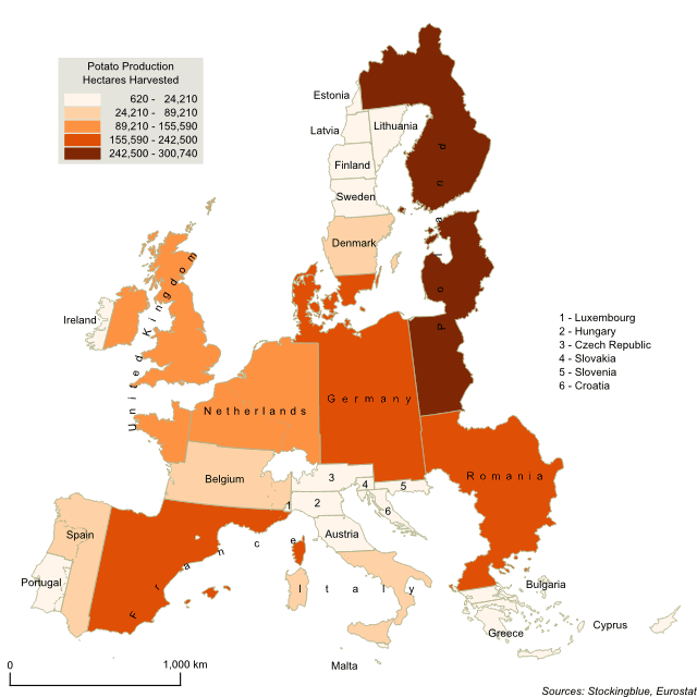 Cartogram map of potato production in the European Union