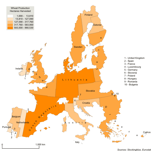 Cartogram map of wheat production in the European Union